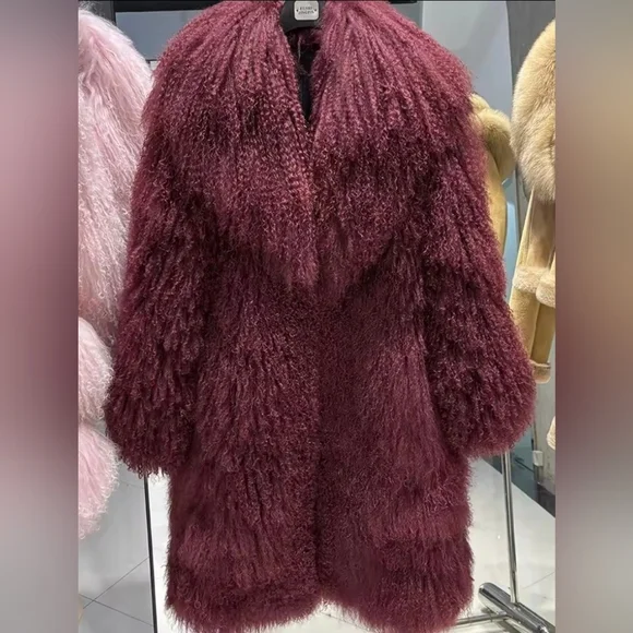 Genuine Mongolian Lamb Fur Coat - Luxurious Fur (Burgandy/Wine) - Picture 5 of 15